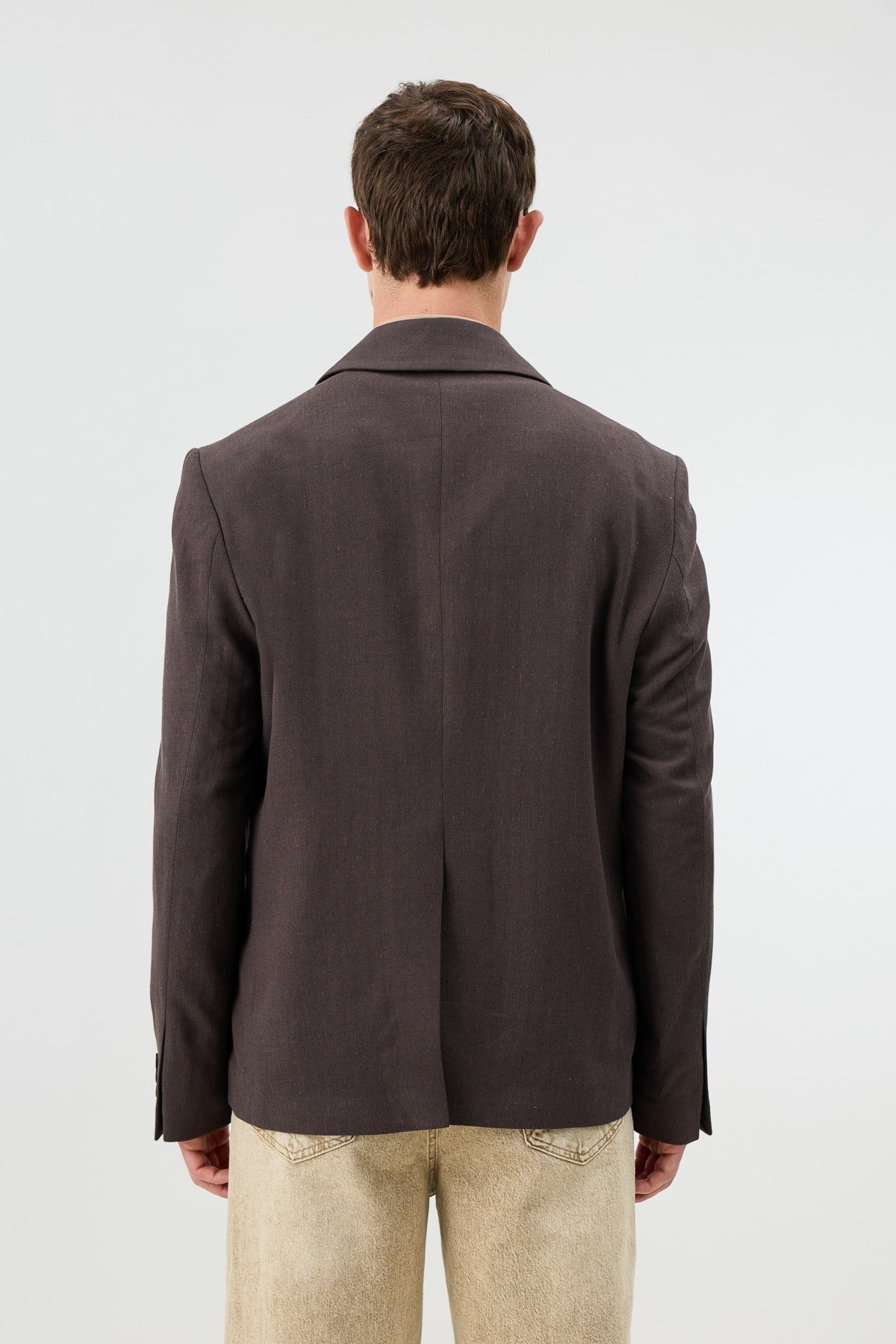 Antioch Kahve Keten Karışımlı Balıksırtı Desenli Erkek Blazer Ceket