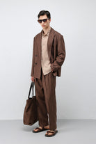 Antioch Kahve Keten Karışımlı Çizgili Erkek Blazer Ceket