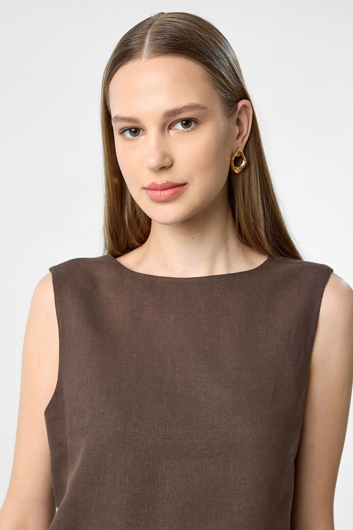 Antioch-Kahve Keten Karışımlı Kadın Bluz-Bluz-2-Milagron.com