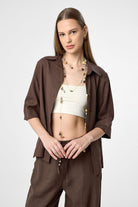 Antioch-Kahve Keten Karışımlı Kadın Gömlek-Gömlek-1-Milagron.com