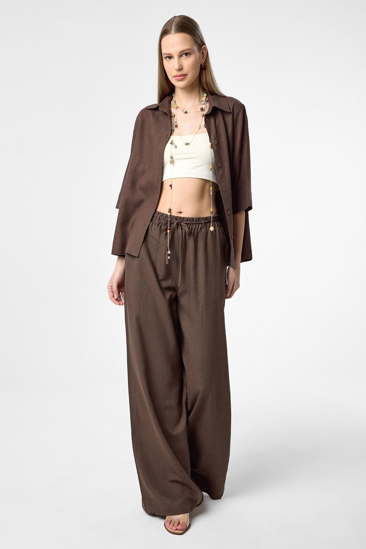 Antioch-Kahve Keten Karışımlı Kadın Gömlek-Gömlek-3-Milagron.com