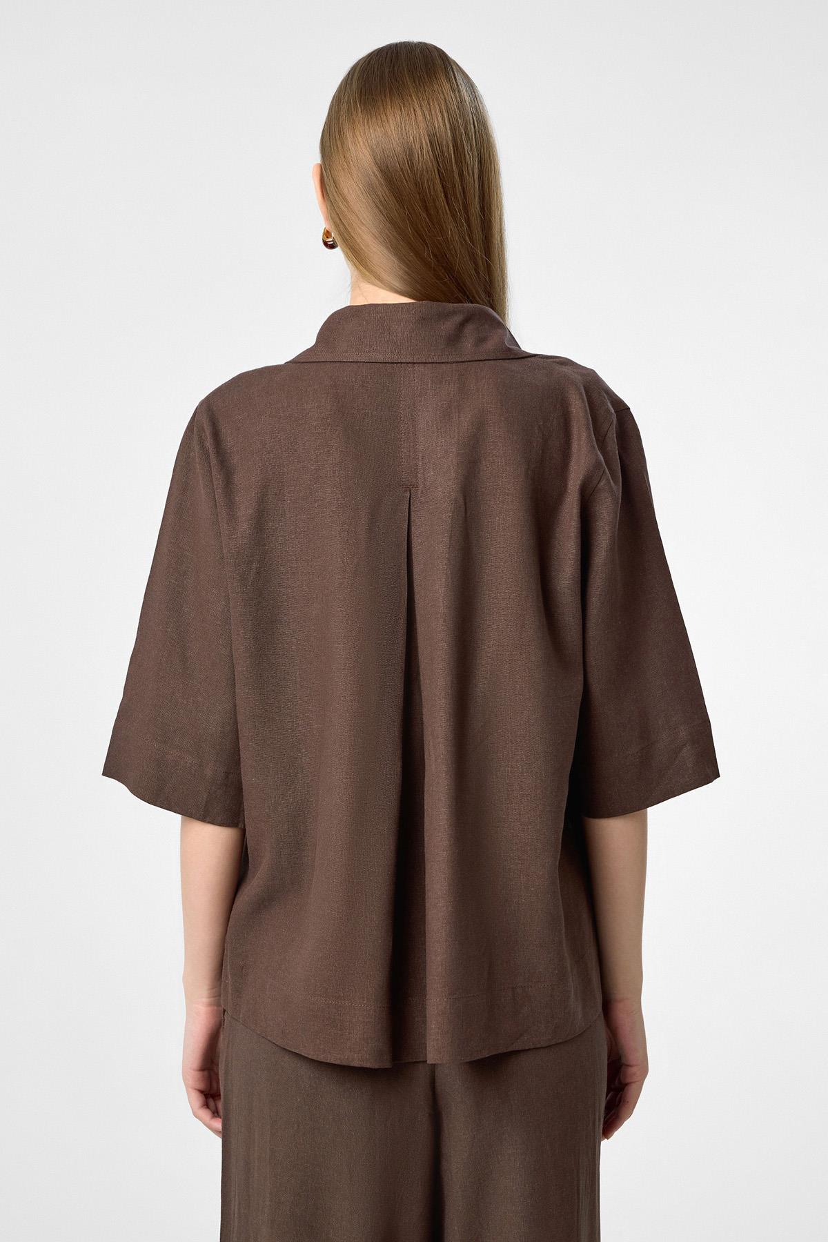 Antioch-Kahve Keten Karışımlı Kadın Gömlek-Gömlek-5-Milagron.com