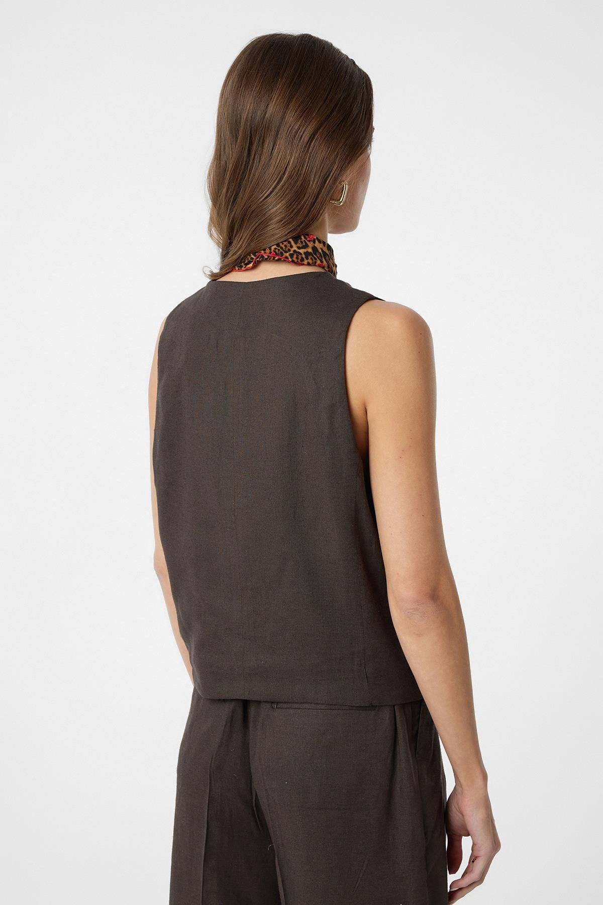 Antioch-Kahve Keten Karışımlı Kadın Terzi Yeleği-Yelek-4-Milagron.com