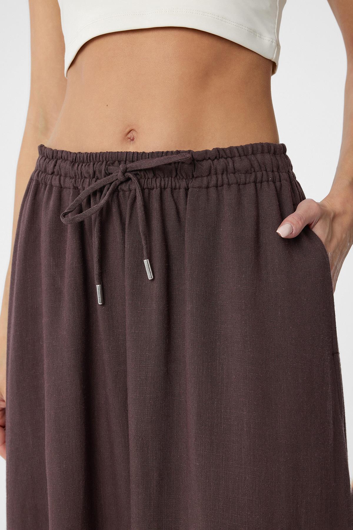 Antioch-Kahve Keten Karışımlı Kadın Uzun Etek-Etek-3-Milagron.com