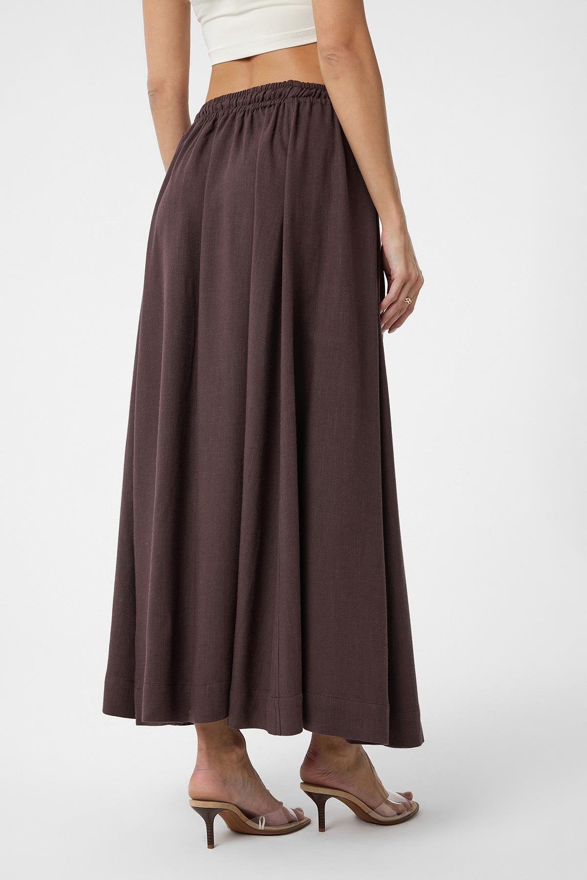 Antioch-Kahve Keten Karışımlı Kadın Uzun Etek-Etek-4-Milagron.com