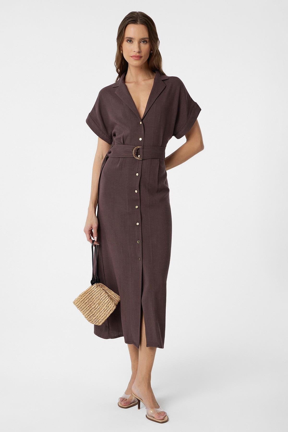 Antioch-Kahve Keten Karışımlı Kemerli Kadın Elbise-Elbise-1-Milagron.com