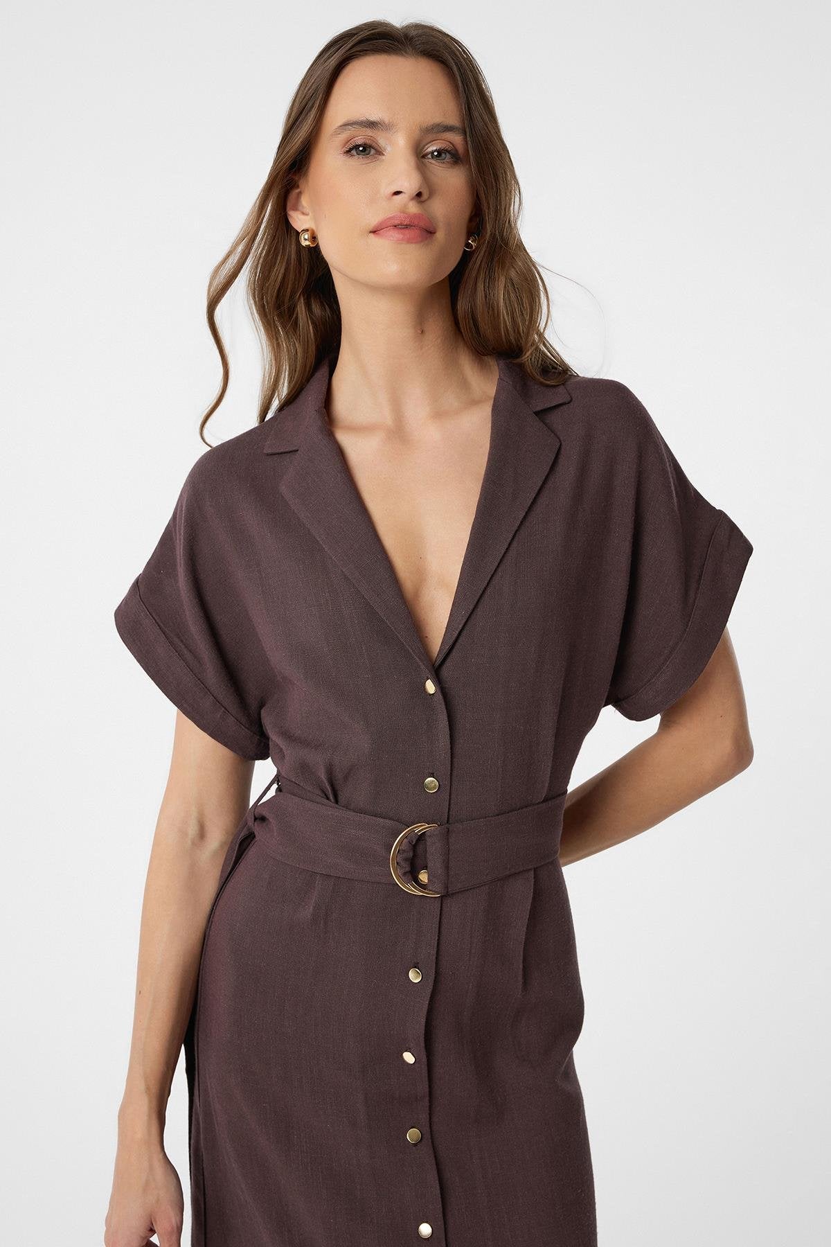 Antioch-Kahve Keten Karışımlı Kemerli Kadın Elbise-Elbise-2-Milagron.com