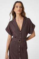 Antioch-Kahve Keten Karışımlı Kemerli Kadın Elbise-Elbise-2-Milagron.com