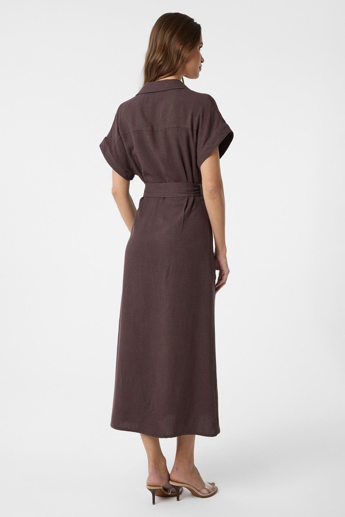 Antioch-Kahve Keten Karışımlı Kemerli Kadın Elbise-Elbise-3-Milagron.com