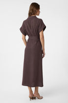 Antioch-Kahve Keten Karışımlı Kemerli Kadın Elbise-Elbise-3-Milagron.com