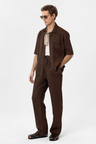 Antioch-Kahve Keten Karışımlı Kısa Kollu Erkek Gömlek-Gömlek-2-Milagron.com