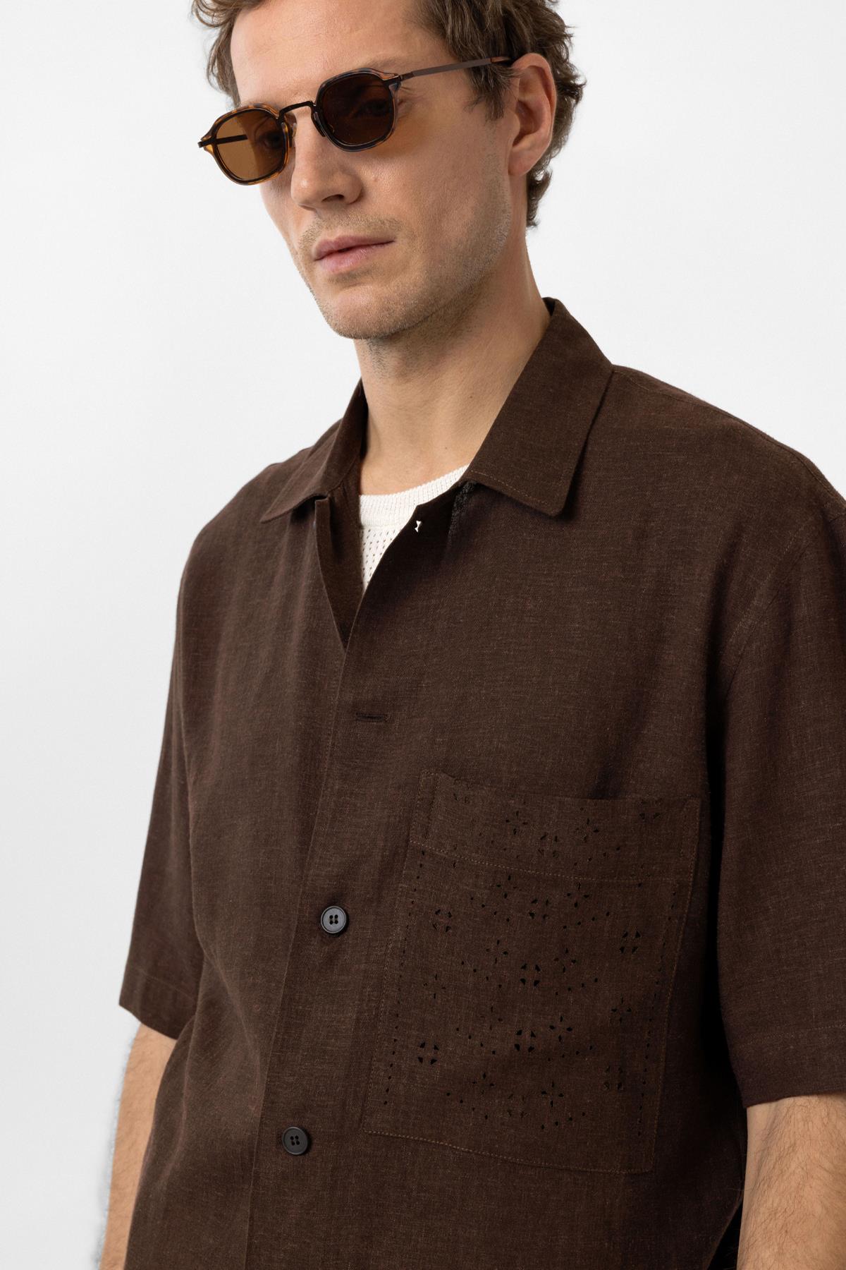 Antioch-Kahve Keten Karışımlı Kısa Kollu Erkek Gömlek-Gömlek-3-Milagron.com
