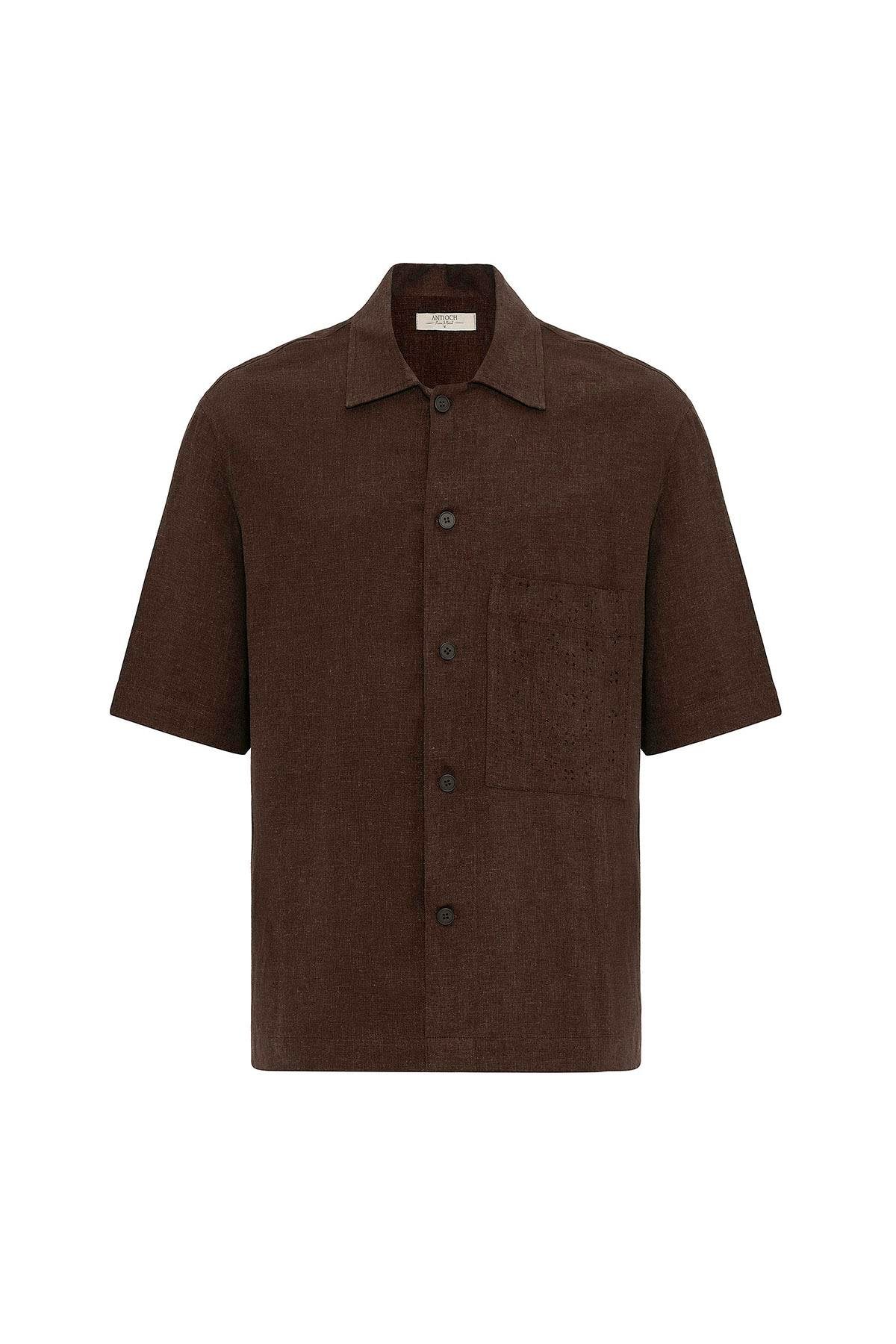 Antioch-Kahve Keten Karışımlı Kısa Kollu Erkek Gömlek-Gömlek-5-Milagron.com