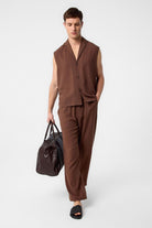 Antioch-Kahve Keten Karışımlı Kolsuz Erkek Gömlek-Gömlek-2-Milagron.com