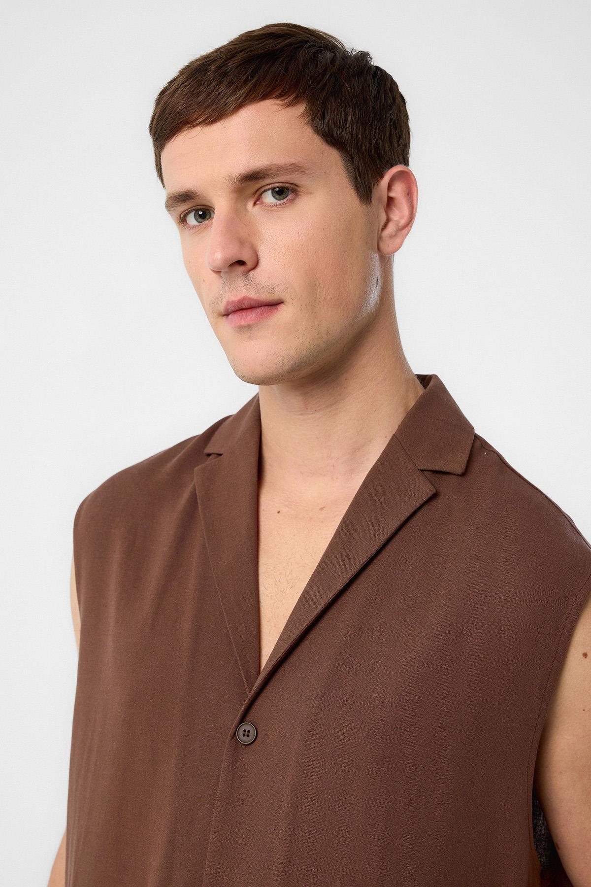 Antioch-Kahve Keten Karışımlı Kolsuz Erkek Gömlek-Gömlek-4-Milagron.com