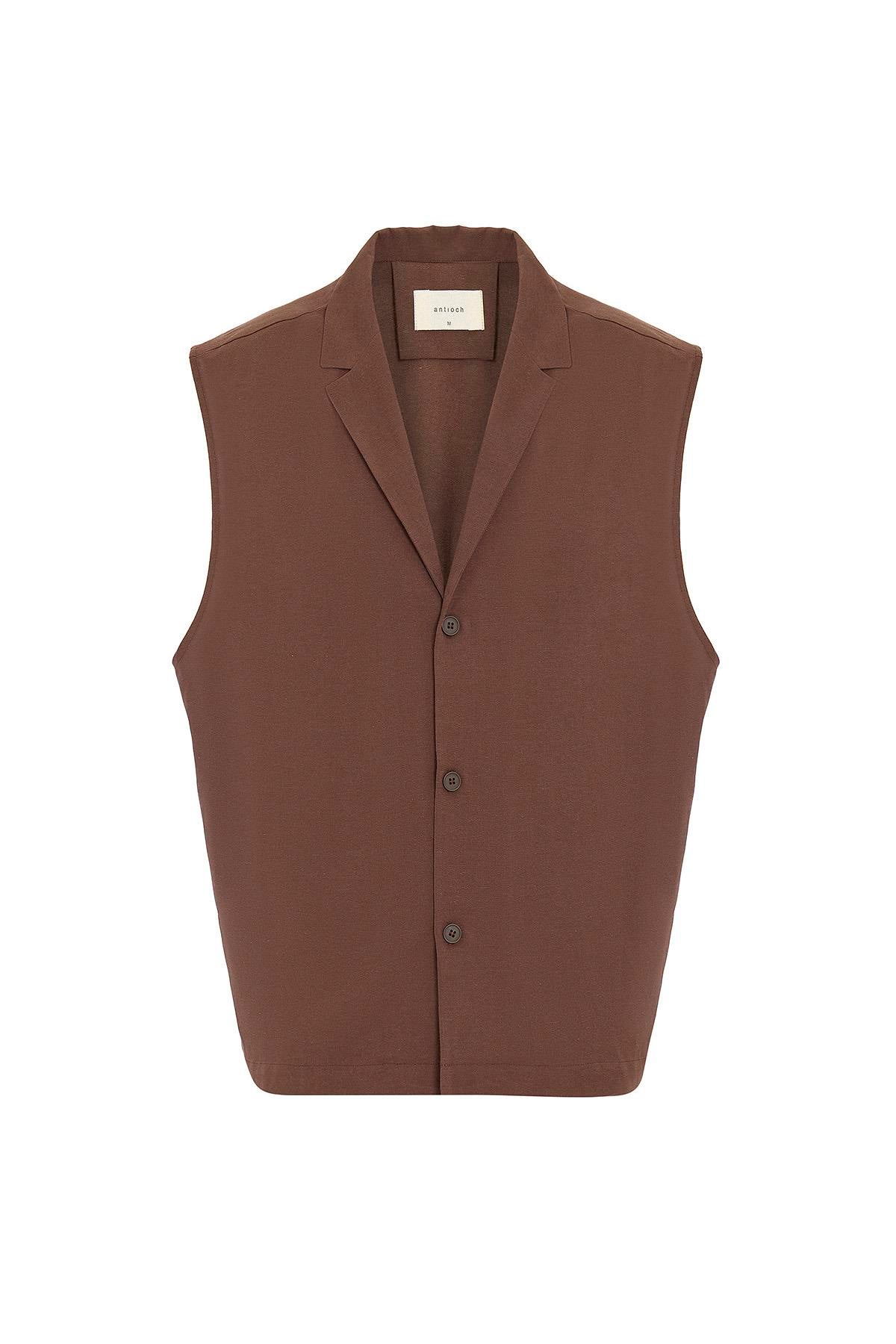 Antioch-Kahve Keten Karışımlı Kolsuz Erkek Gömlek-Gömlek-6-Milagron.com