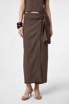Antioch-Kahve Keten Karışımlı Kuşaklı Kadın Etek-Etek-1-Milagron.com