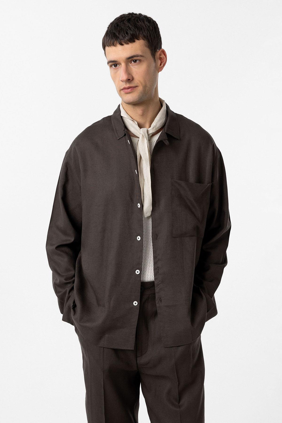 Antioch-Kahve Keten Karışımlı Relax Fit Erkek Gömlek-Gömlek-1-Milagron.com