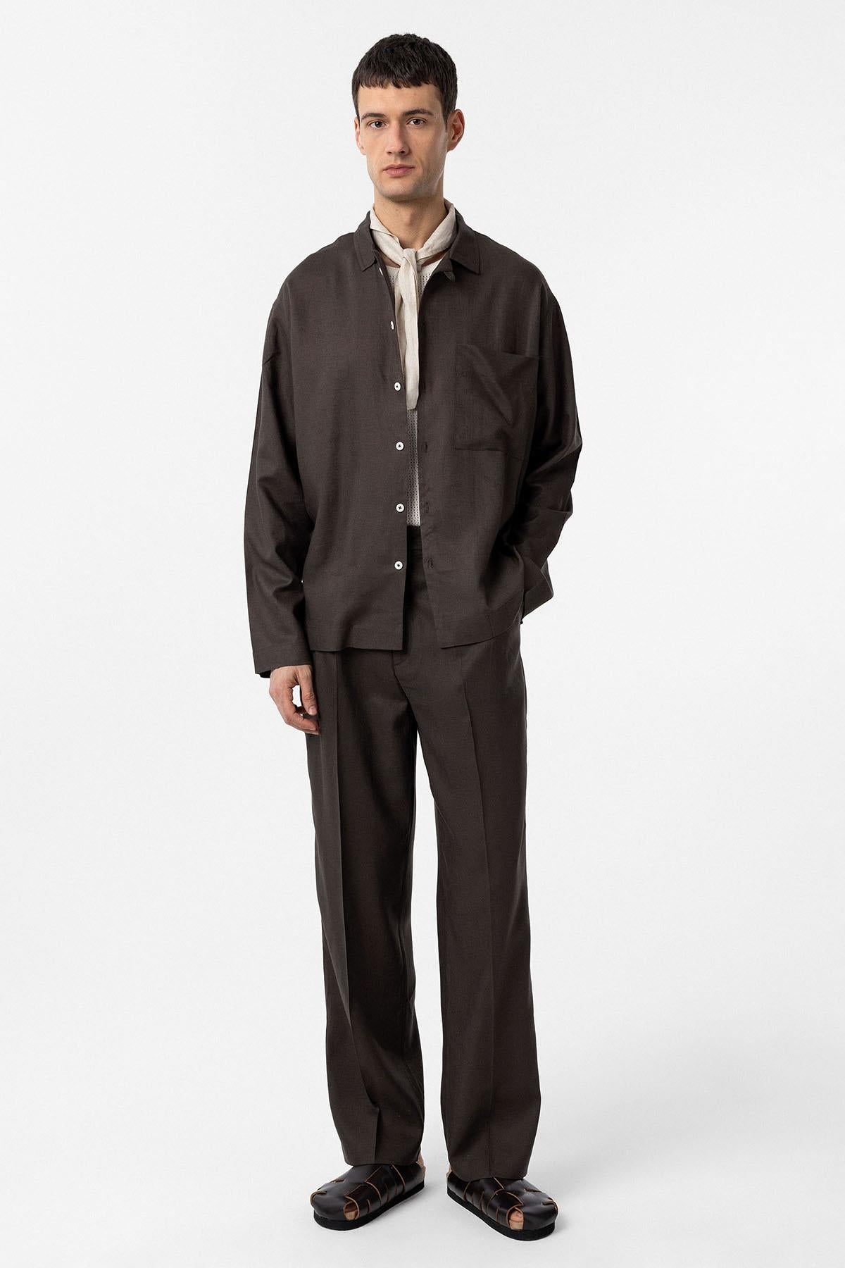 Antioch-Kahve Keten Karışımlı Relax Fit Erkek Gömlek-Gömlek-2-Milagron.com