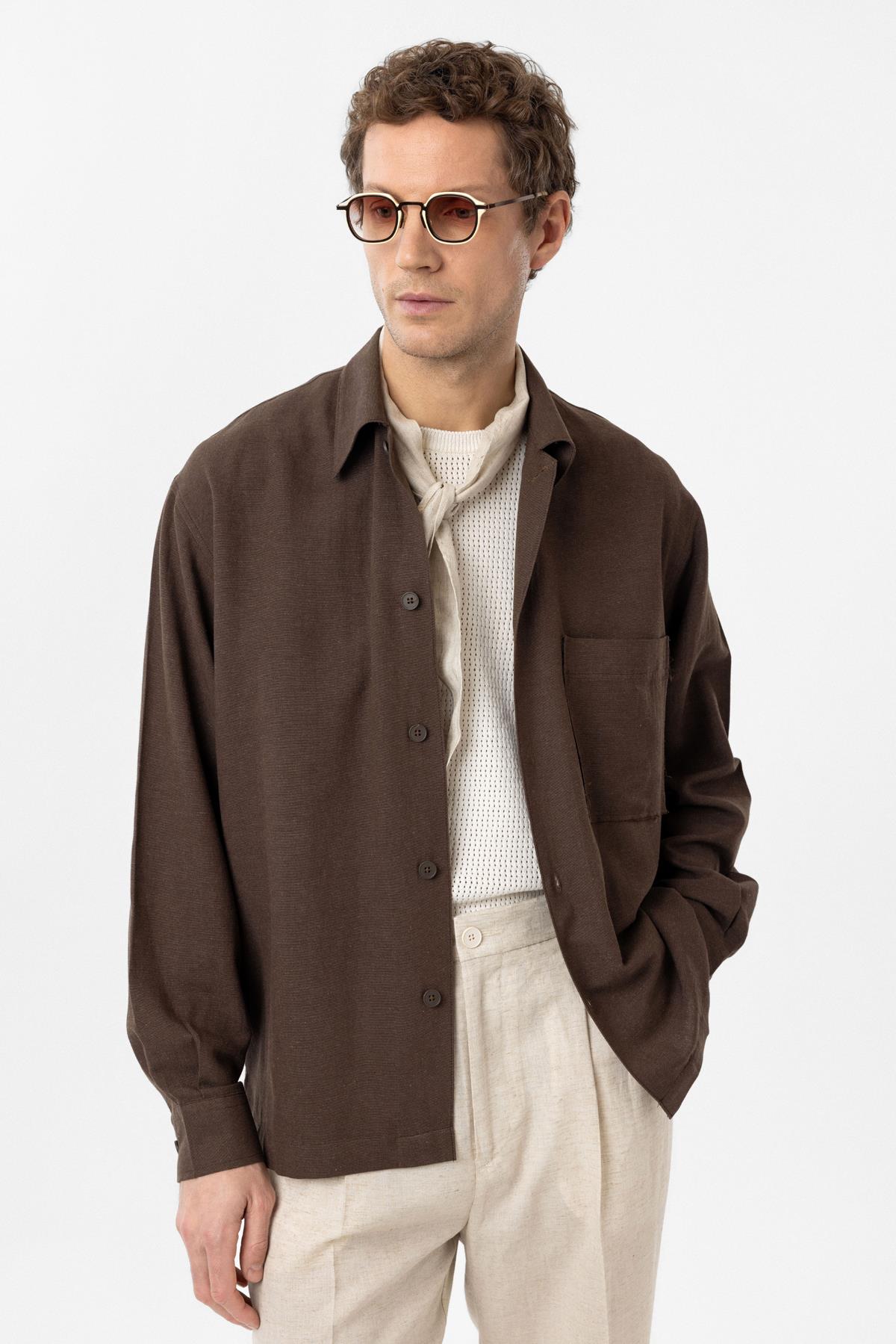Antioch-Kahve Keten Karışımlı Relaxed Erkek Gömlek-Gömlek-1-Milagron.com