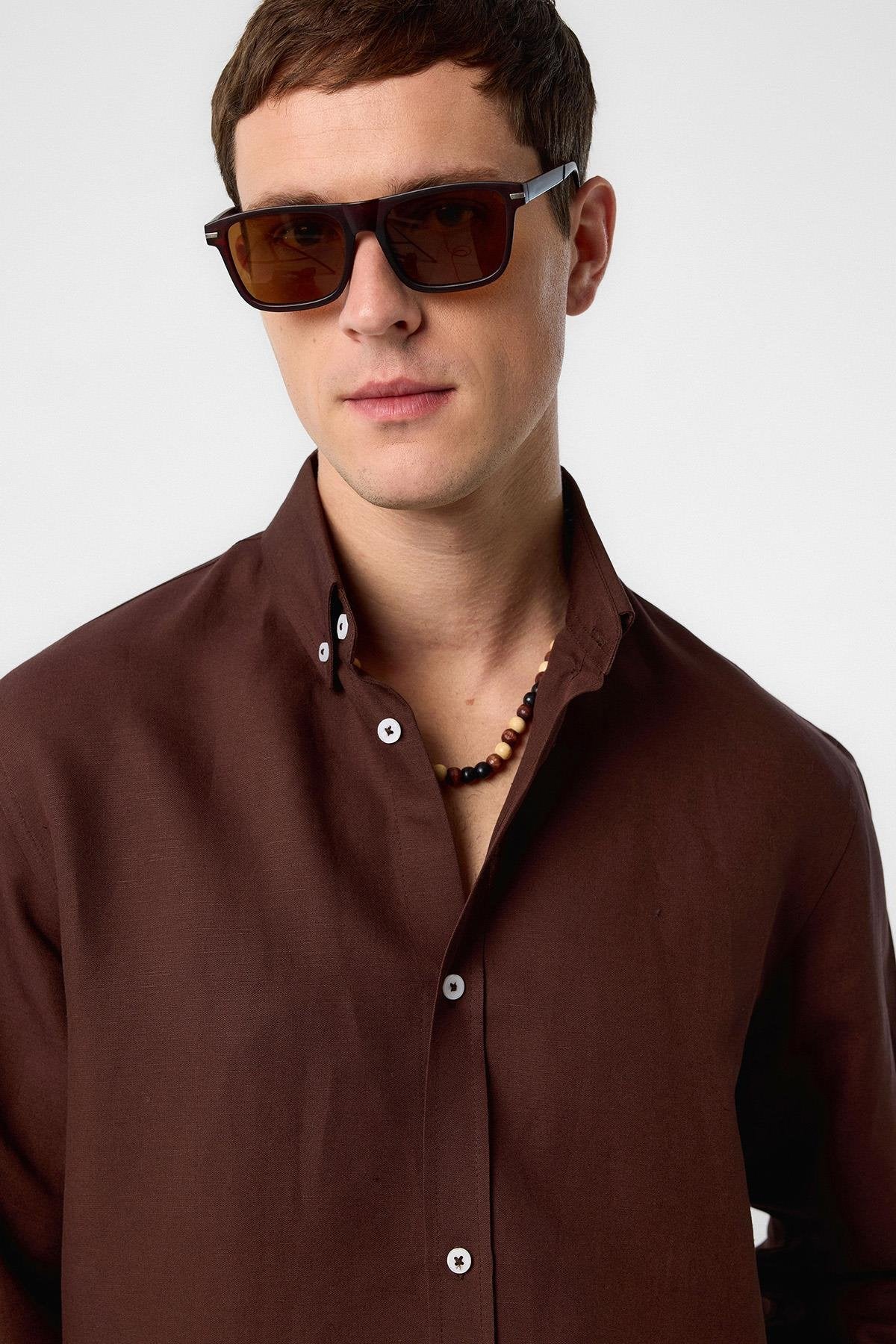Antioch-Kahve Keten Karışımlı Yaka Düğmeli Erkek Gömlek-Gömlek-3-Milagron.com