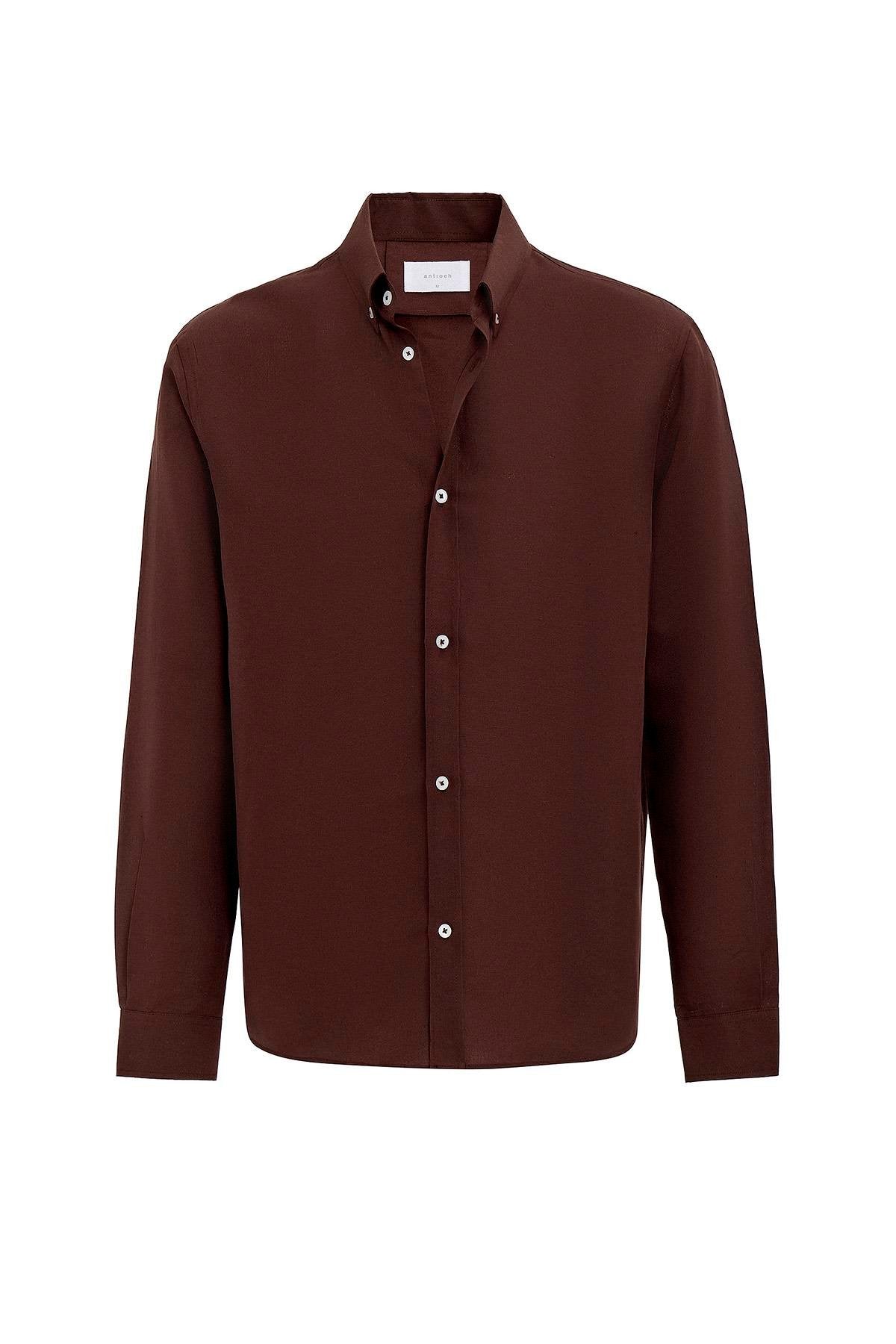 Antioch-Kahve Keten Karışımlı Yaka Düğmeli Erkek Gömlek-Gömlek-5-Milagron.com