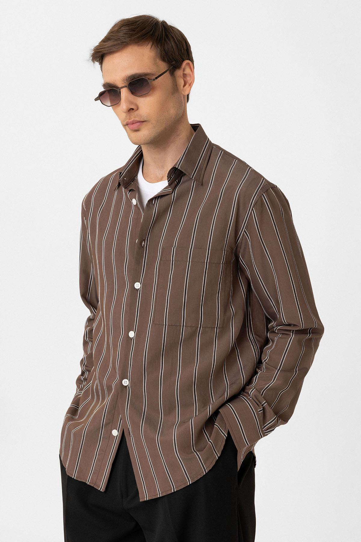 Antioch-Kahve Kontrast Çizgili Erkek Gömlek-Gömlek-1-Milagron.com
