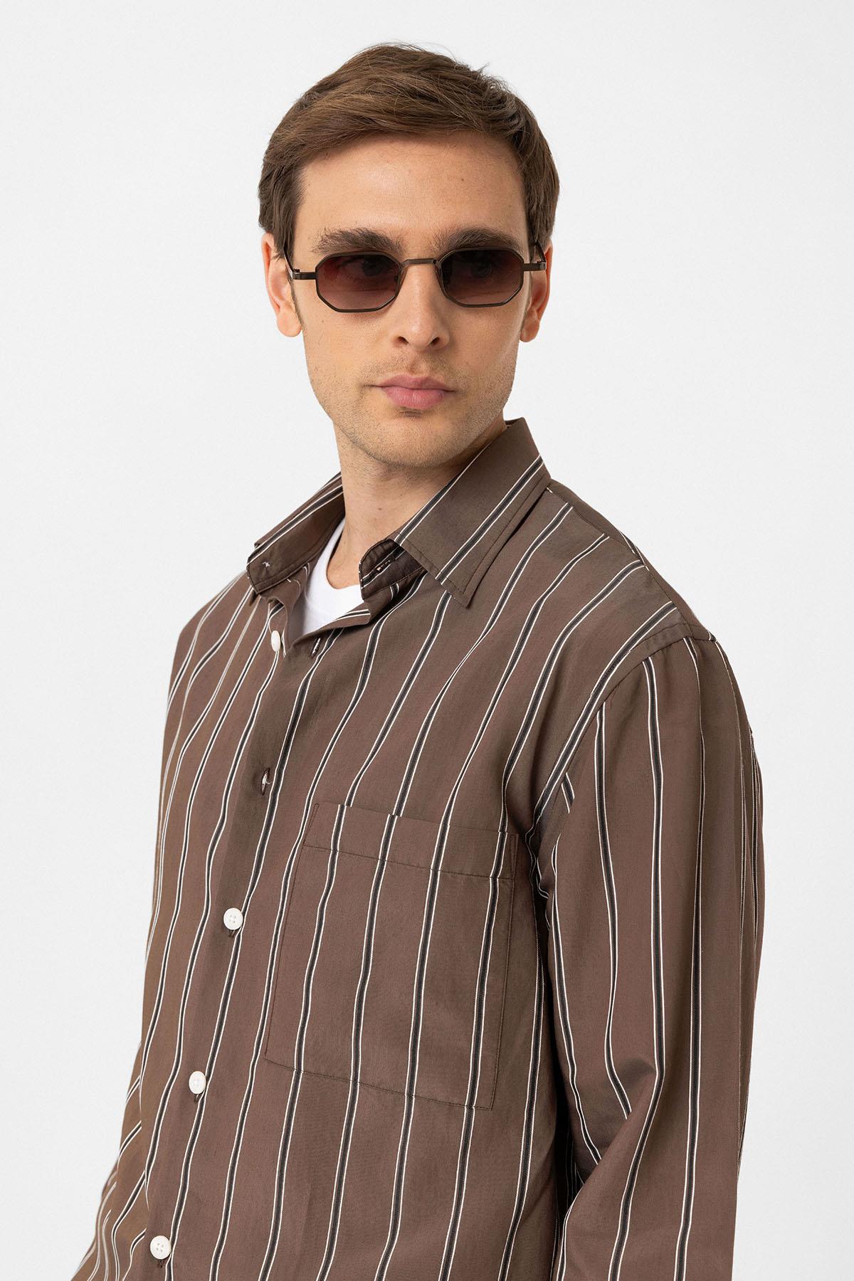 Antioch-Kahve Kontrast Çizgili Erkek Gömlek-Gömlek-4-Milagron.com