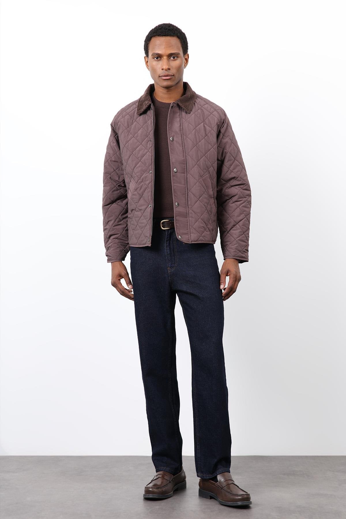 Antioch-Kahve Kontrast Yaka Baklava Desenli Erkek Mont-Mont-2-Milagron.com