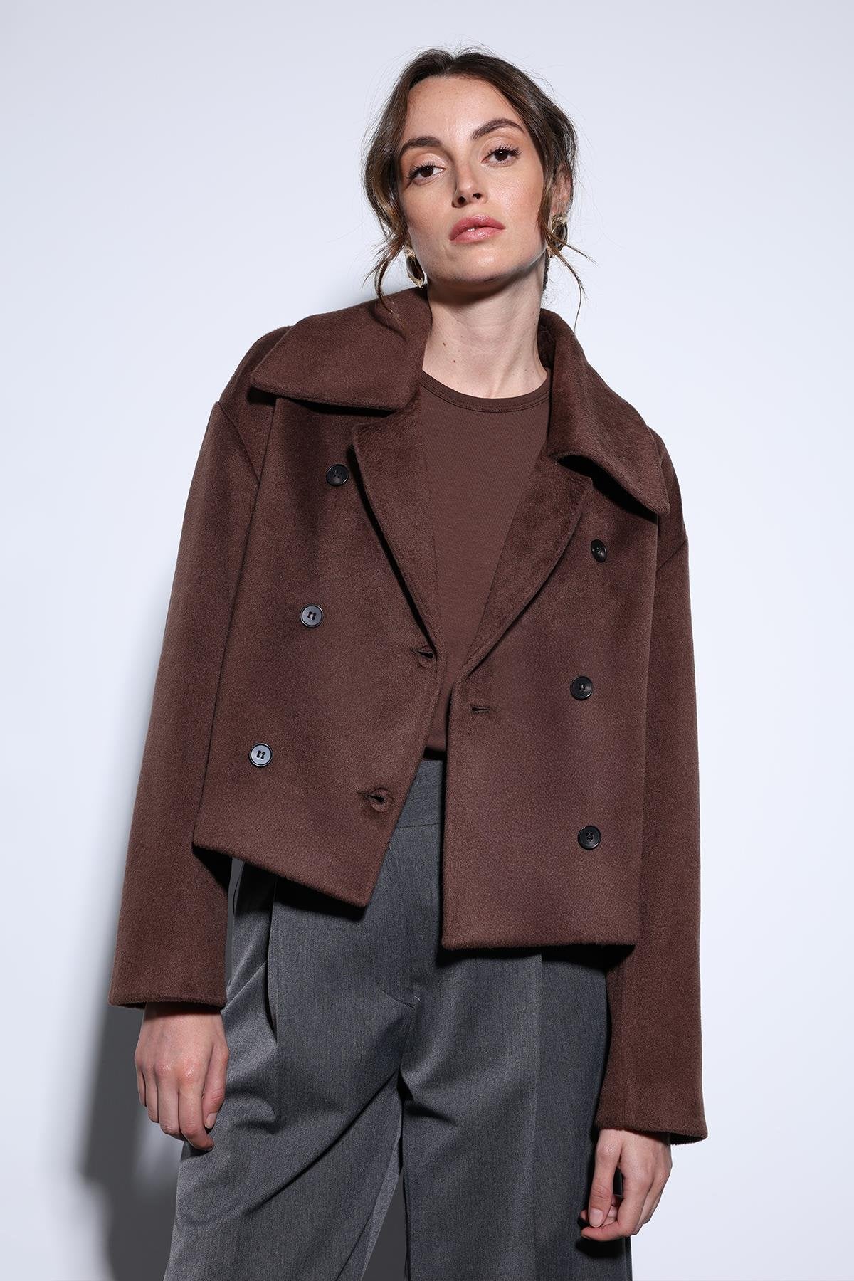 Antioch-Antioch Kahve Kruvaze Kadın Kısa Kaban-Kaban-3-Milagron.com