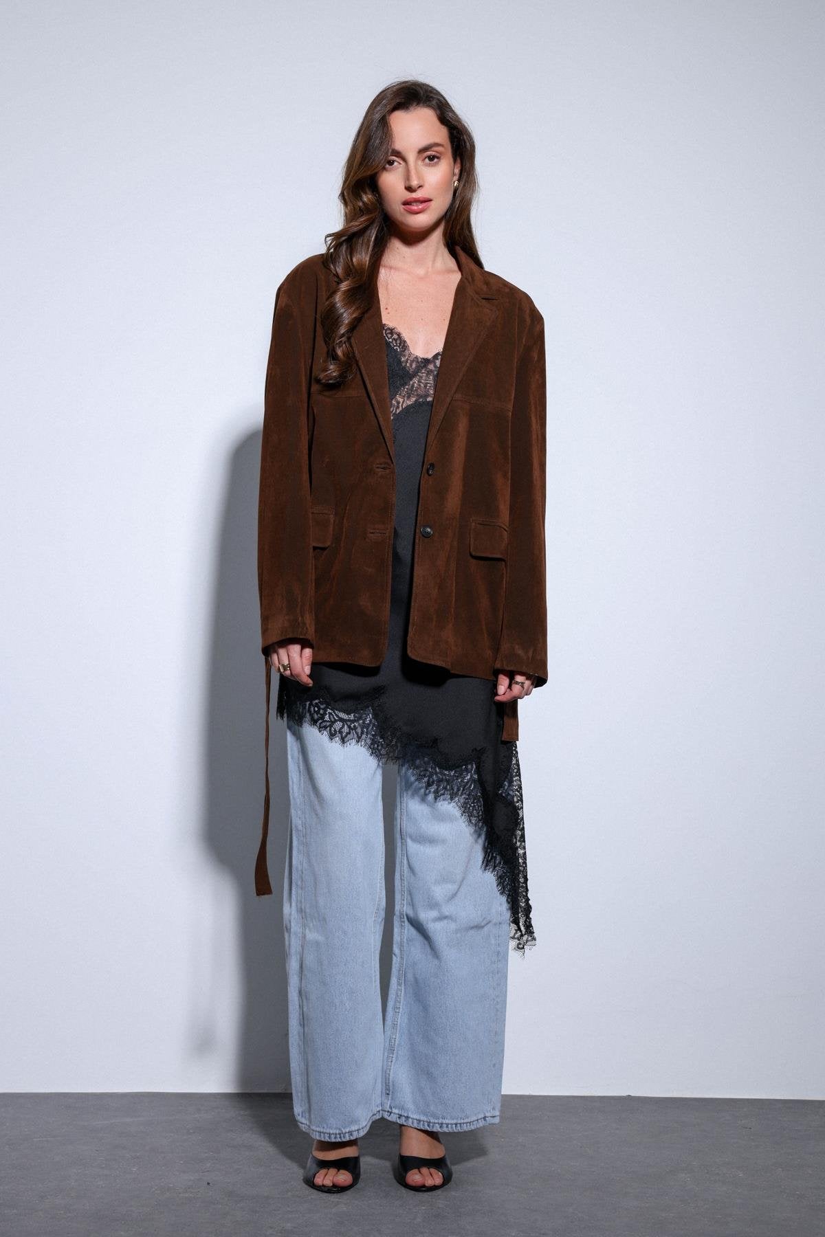 Antioch-Antioch Kahve Kuşak Bağlamalı Süet Kadın Ceket-Ceket-3-Milagron.com