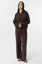 Antioch-Kahve Modal Kadın Gömlek Pantolon Takım-Alt - Üst Takım-2-Milagron.com