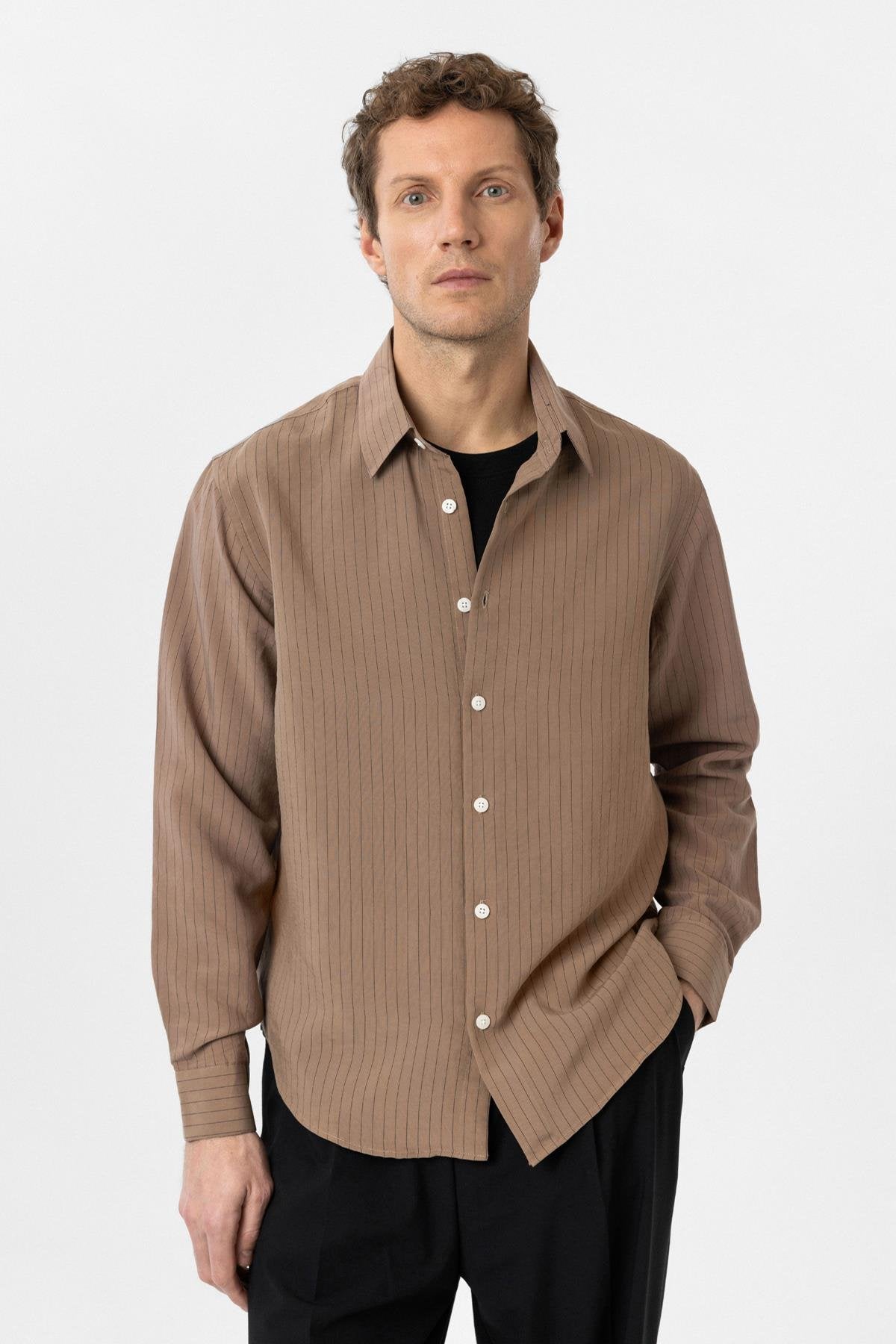Antioch-Kahve Modal Kumaş Relax Fit Çizgili Erkek Gömlek-Gömlek-1-Milagron.com