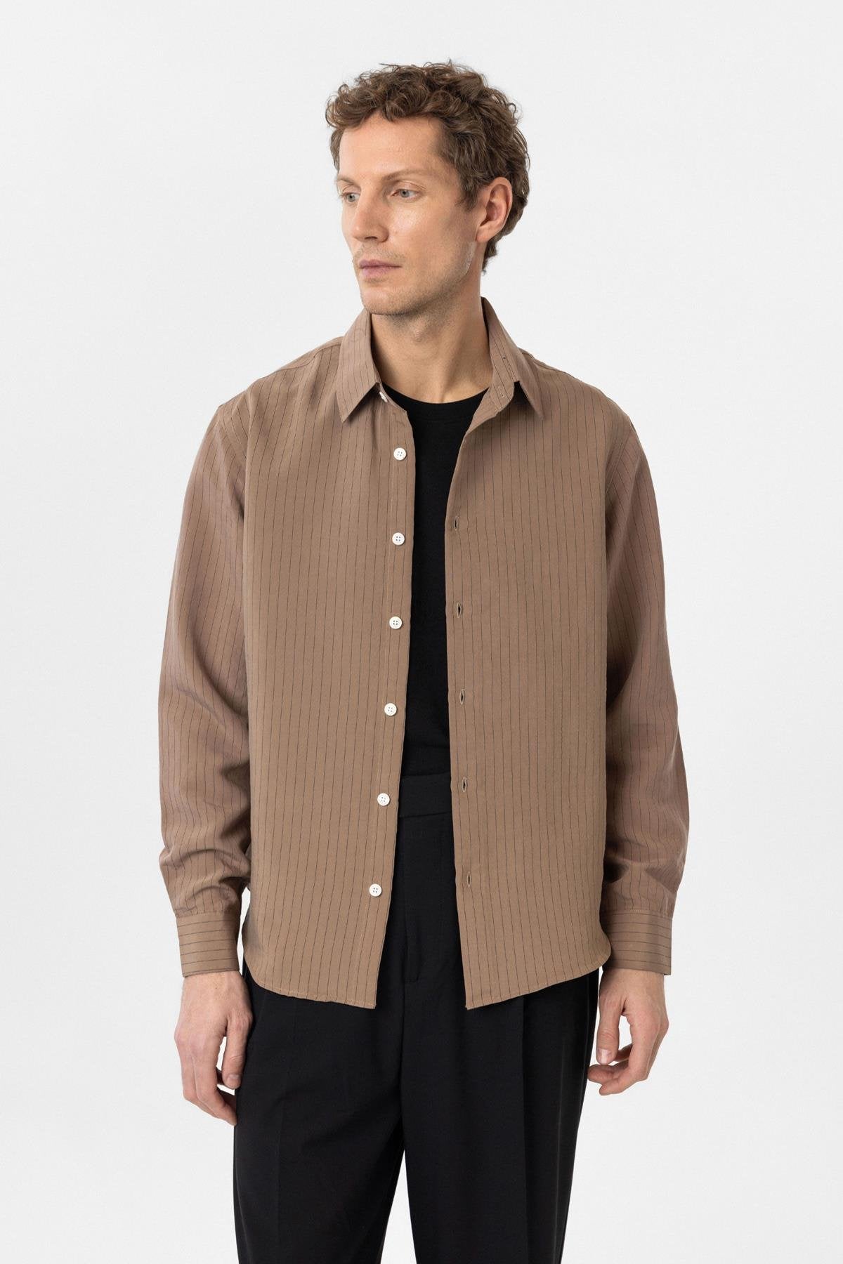 Antioch-Kahve Modal Kumaş Relax Fit Çizgili Erkek Gömlek-Gömlek-2-Milagron.com