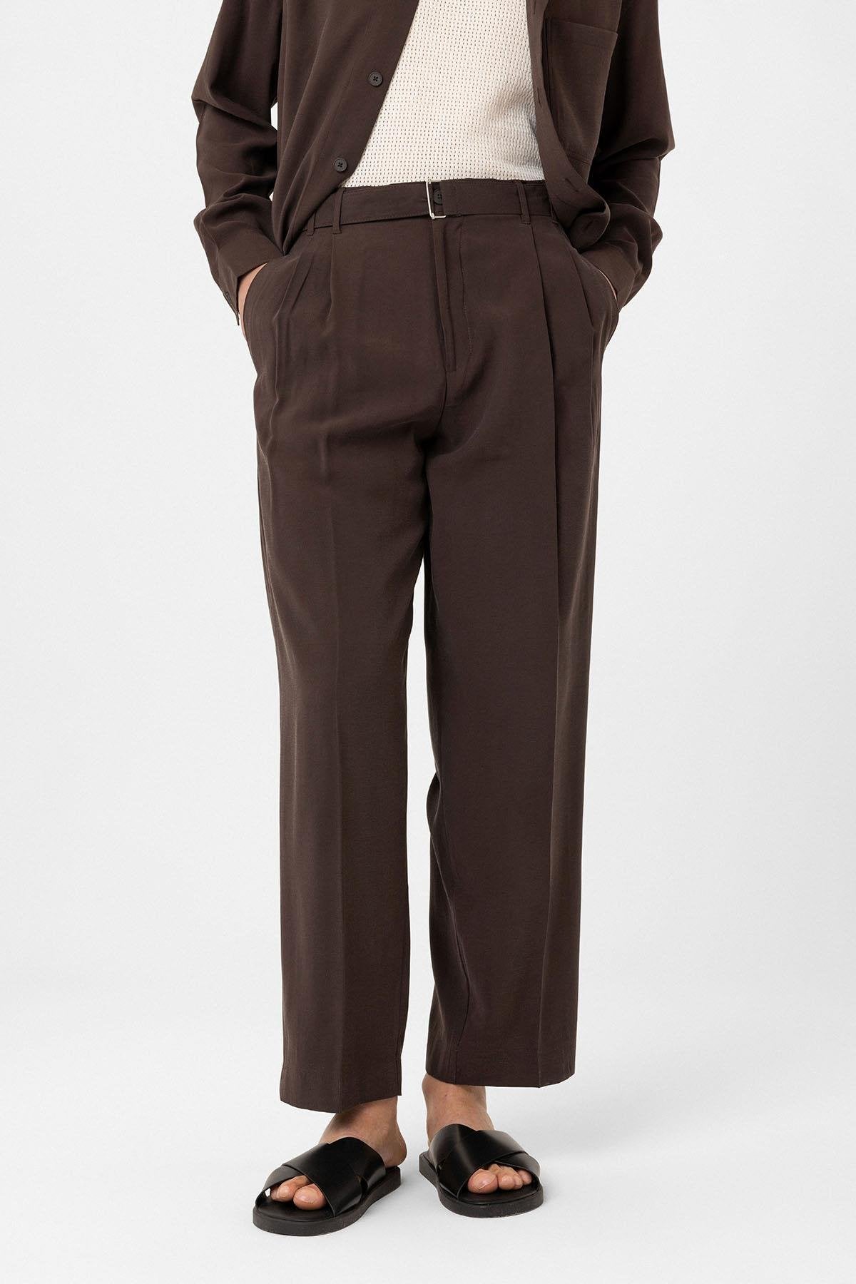 Antioch-Kahve Modal Kumaş Relax Fit Kemerli Erkek Pantolon-Kumaş Pantolon-3-Milagron.com