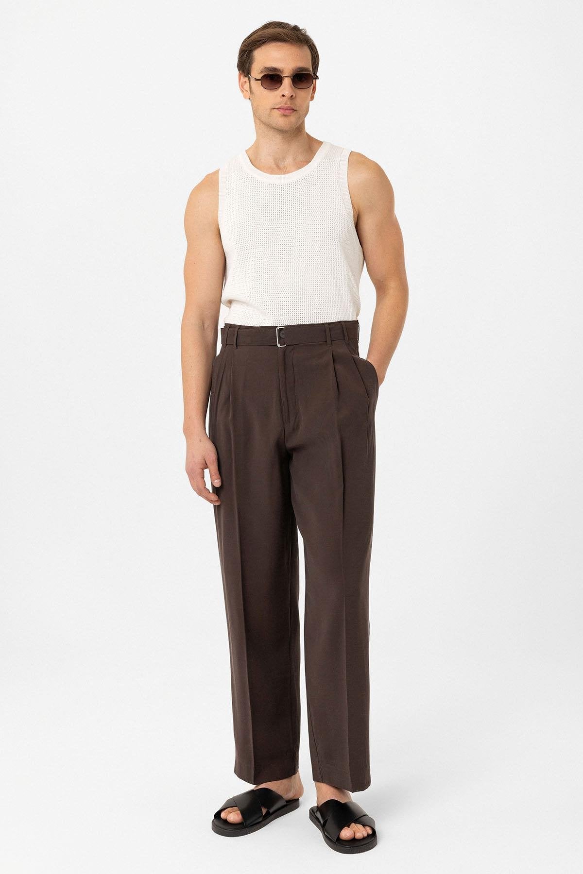 Antioch-Kahve Modal Kumaş Relax Fit Kemerli Erkek Pantolon-Kumaş Pantolon-4-Milagron.com