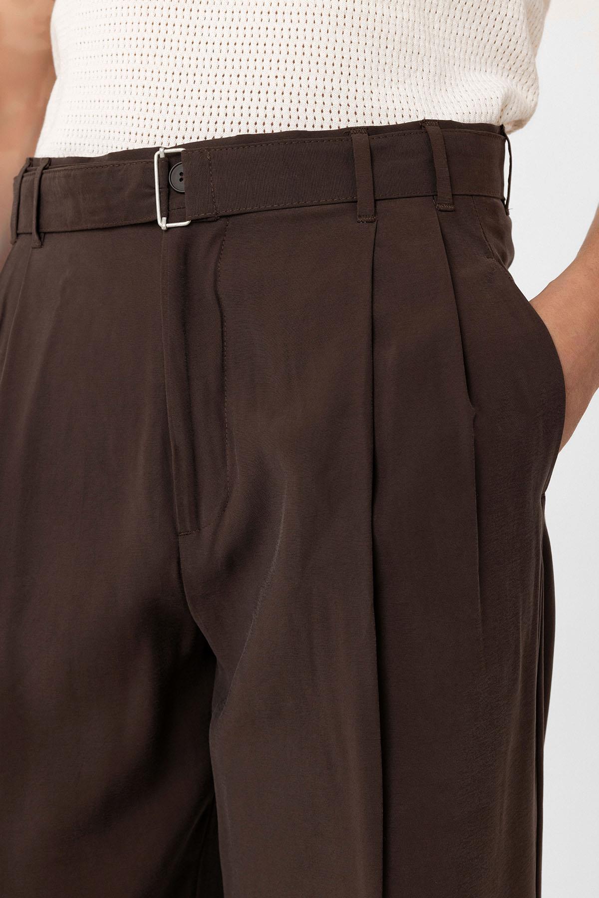 Antioch-Kahve Modal Kumaş Relax Fit Kemerli Erkek Pantolon-Kumaş Pantolon-5-Milagron.com
