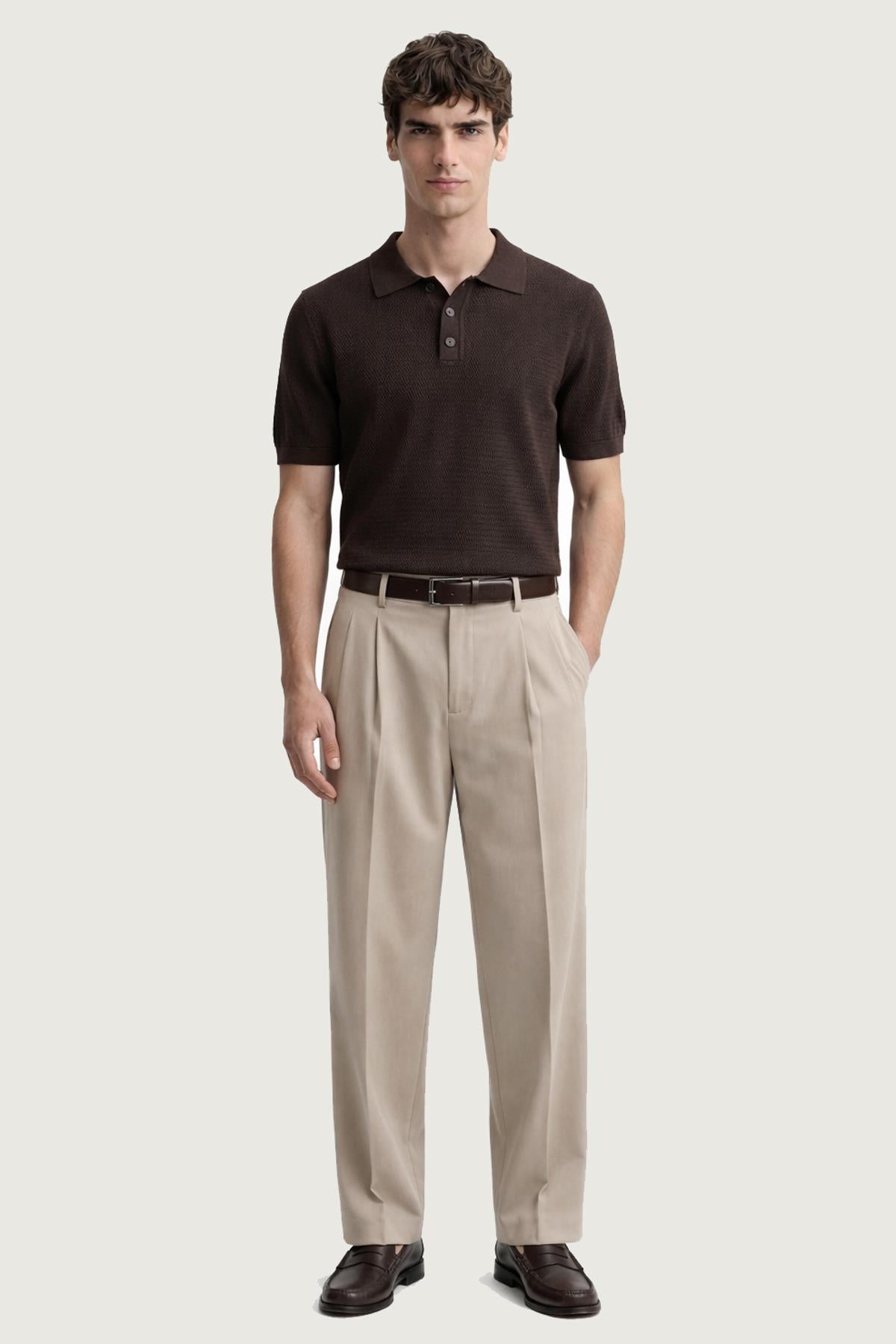 Antioch Kahve Örgü Dokulu Polo Yaka Erkek T-Shirt