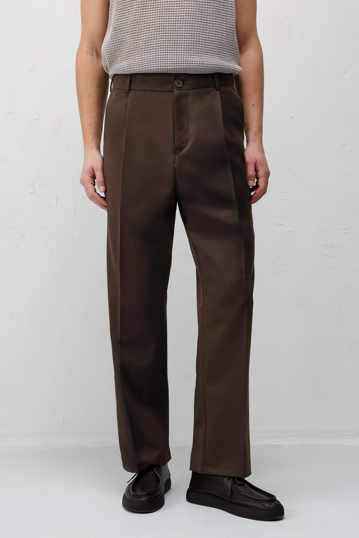 Antioch Kahve Pileli Relaxed Fit Erkek Pantolon
