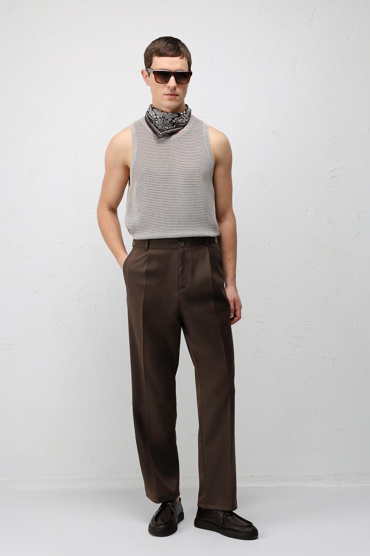 Antioch Kahve Pileli Relaxed Fit Erkek Pantolon