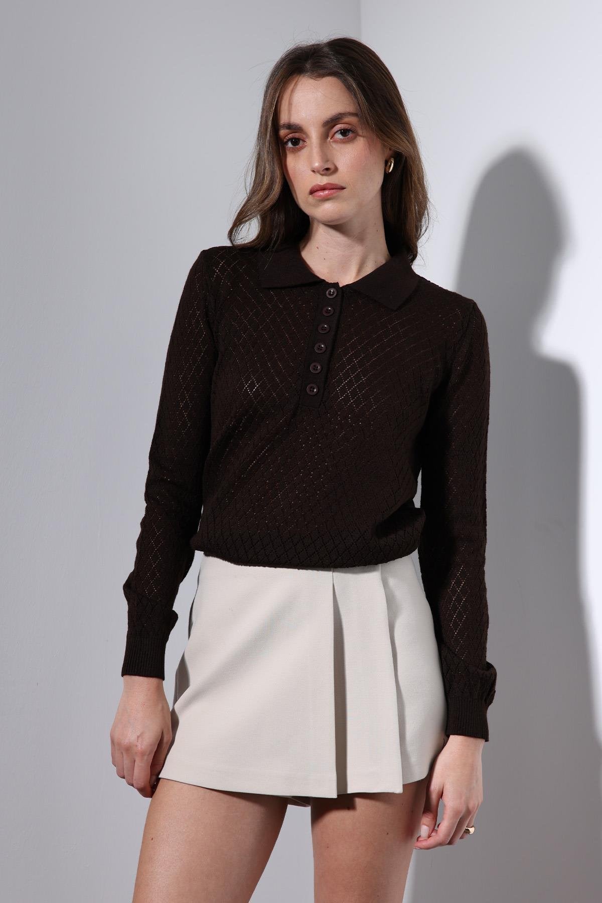 Antioch-Kahve Polo Yaka Desenli Triko Kadın Kazak-Kazak-3-Milagron.com