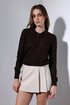 Antioch-Kahve Polo Yaka Desenli Triko Kadın Kazak-Kazak-3-Milagron.com