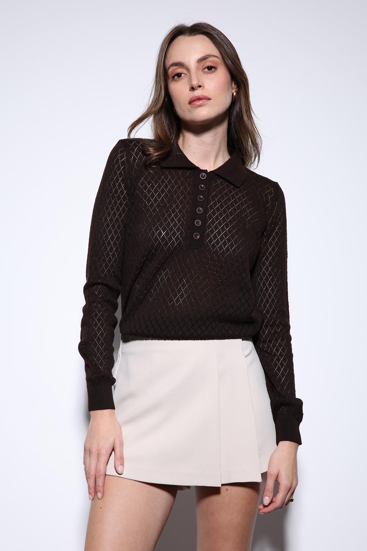 Antioch-Kahve Polo Yaka Desenli Triko Kadın Kazak-Kazak-4-Milagron.com