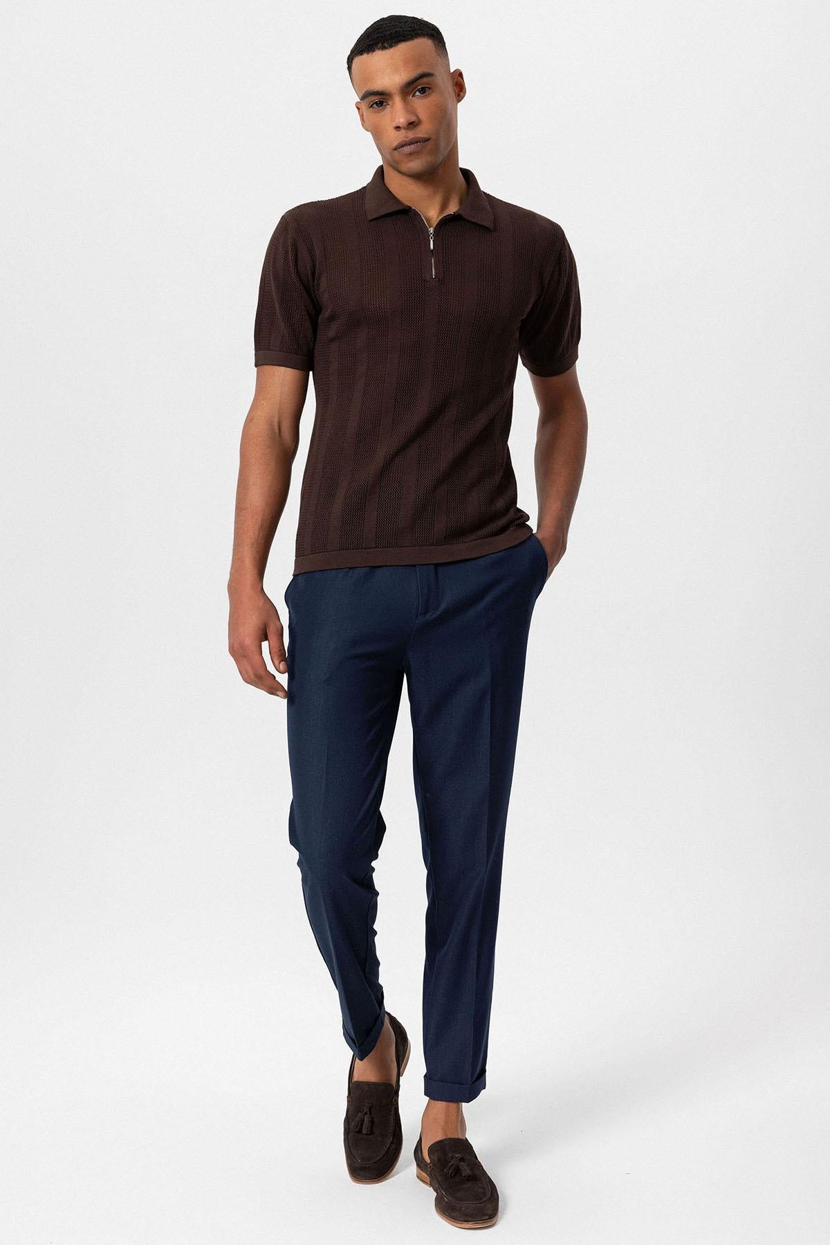 Antioch-Kahve Polo Yaka Fermuarlı Örme Erkek T Shirt-T-Shirts-2-Milagron.com