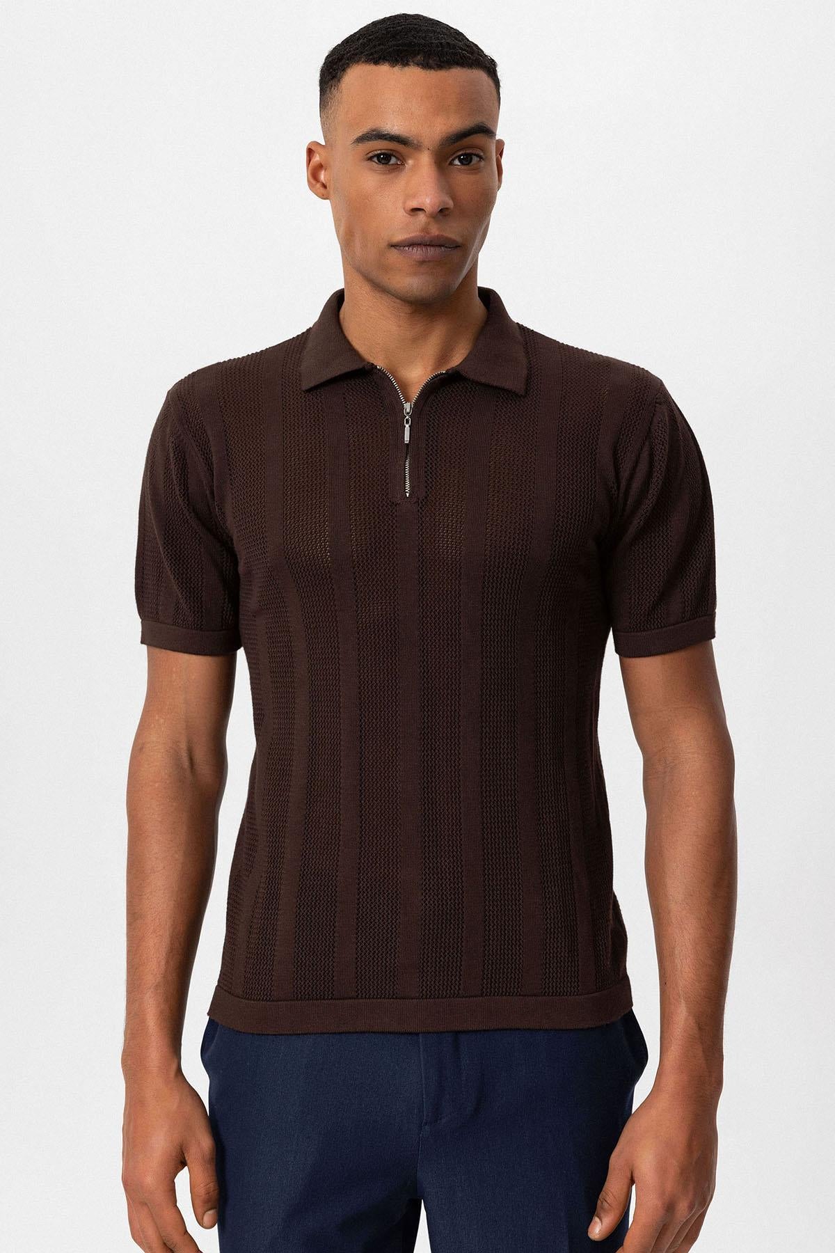 Antioch-Kahve Polo Yaka Fermuarlı Örme Erkek T Shirt-T-Shirts-4-Milagron.com