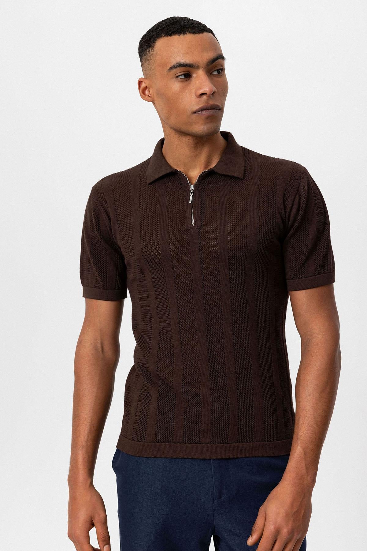 Antioch-Kahve Polo Yaka Fermuarlı Örme Erkek T Shirt-T-Shirts-5-Milagron.com