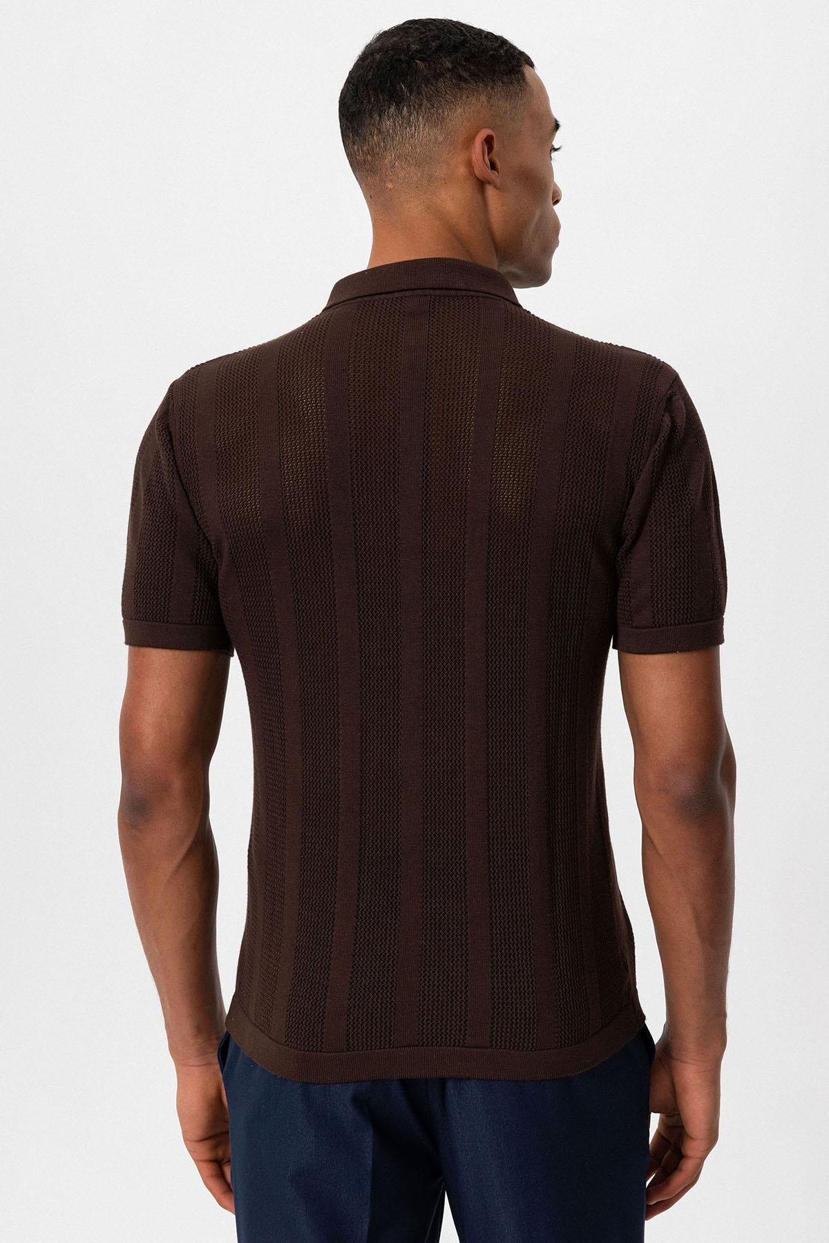 Antioch-Kahve Polo Yaka Fermuarlı Örme Erkek T Shirt-T-Shirts-6-Milagron.com