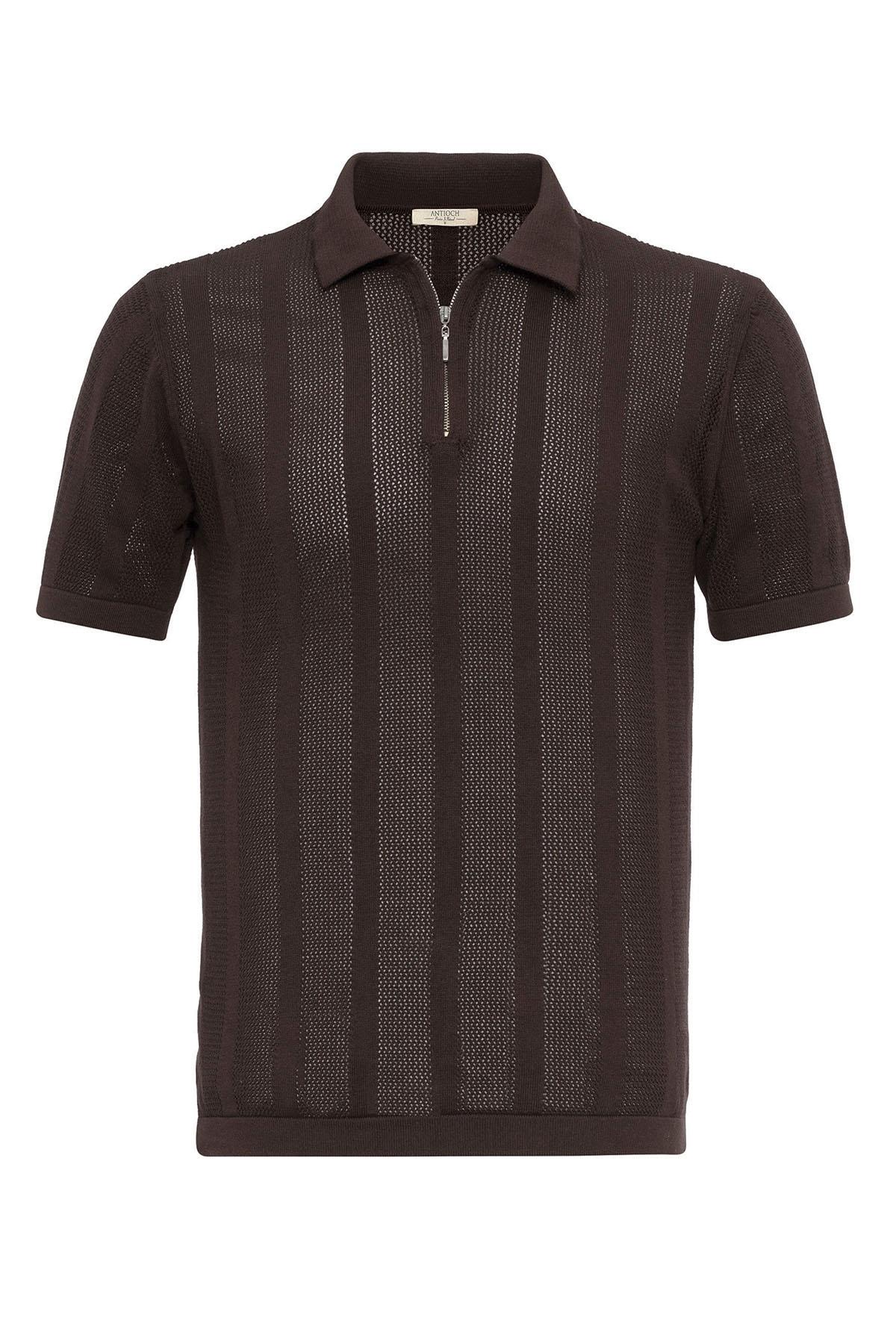 Antioch-Kahve Polo Yaka Fermuarlı Örme Erkek T Shirt-T-Shirts-7-Milagron.com