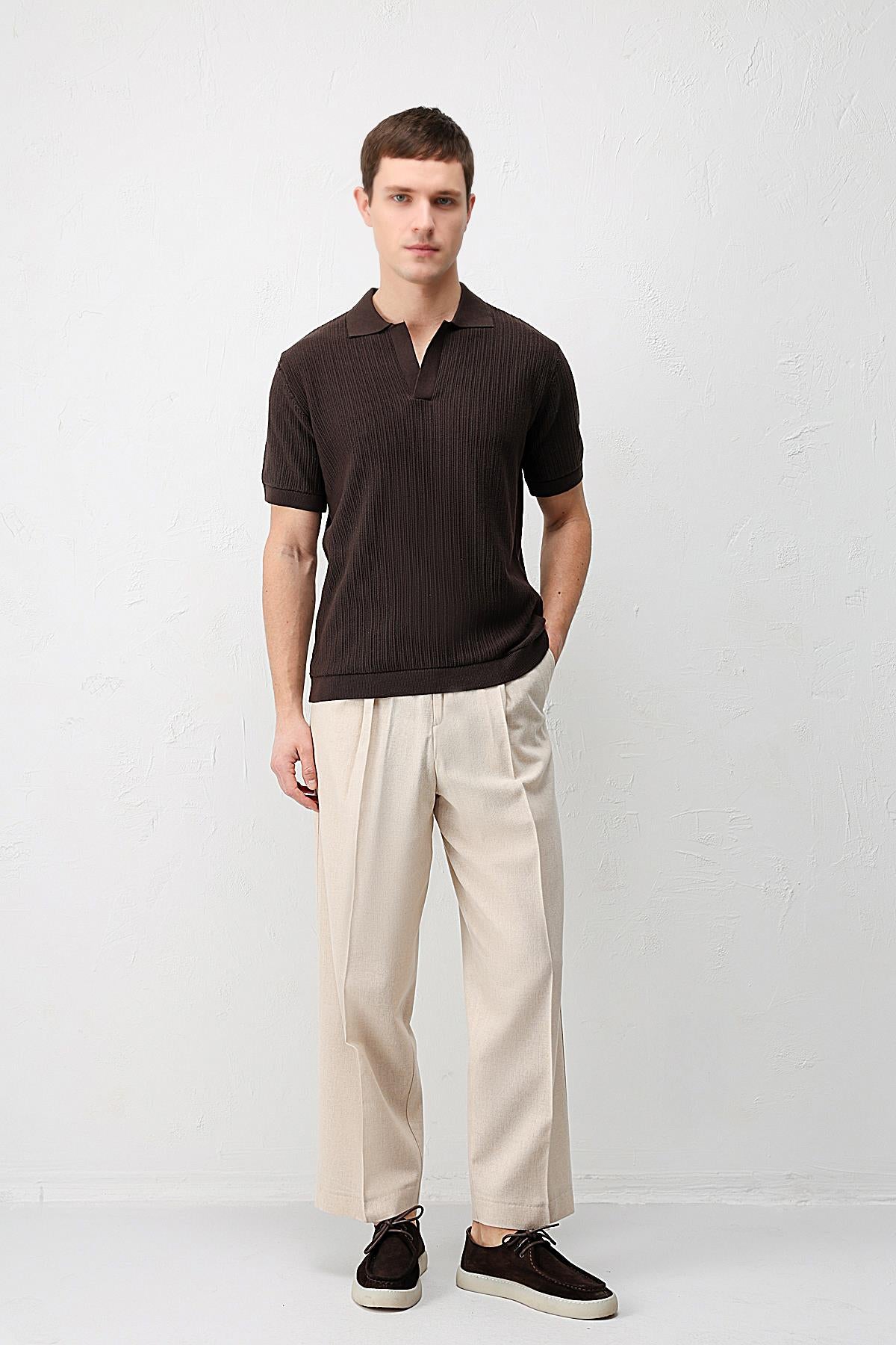 Antioch Kahve Premium Dokulu Erkek Triko T-Shirt