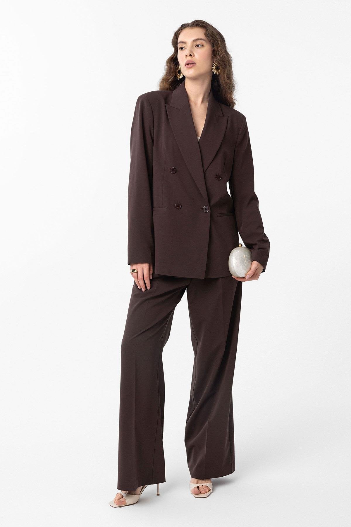 Antioch-Kahve Regular Fit Kruvaze Kadın Blazer Ceket-Blazer Ceket-2-Milagron.com